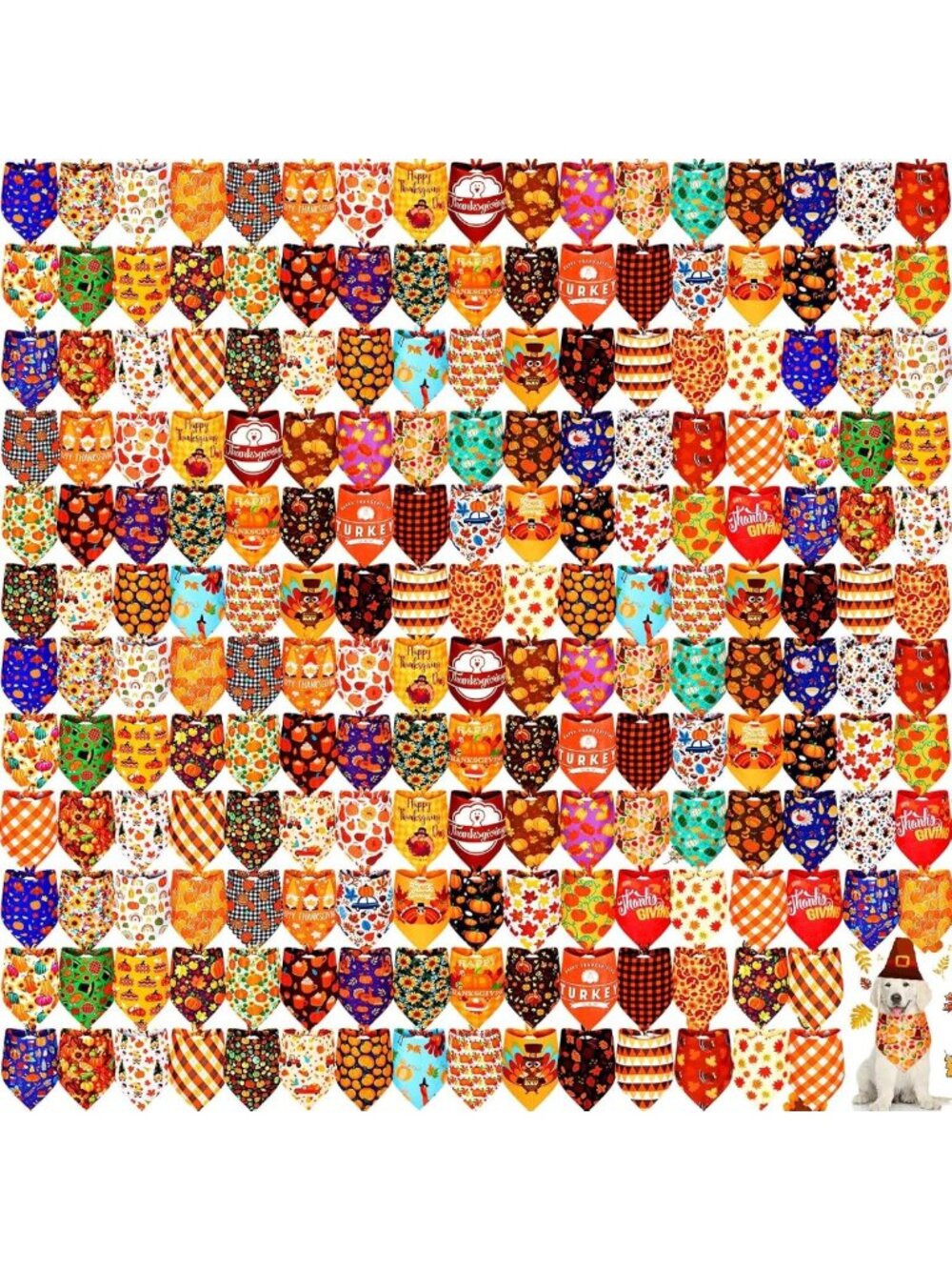 200 Pcs Fall Thanksgiving Dog Bandanas Bulk - Large 25x17 Inch Pet Accessories